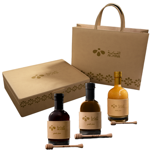 Al Faya Organic Honey - 3x Assorted Bottles 500g + Luxury Box + 3 Wooden Spoon
