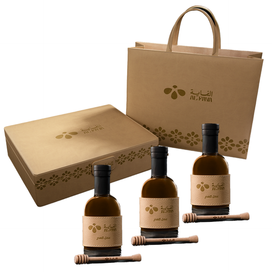 Al Faya Organic Honey - 3x Sedar Bottles 500g + Luxury Box + 3 Wooden Spoon